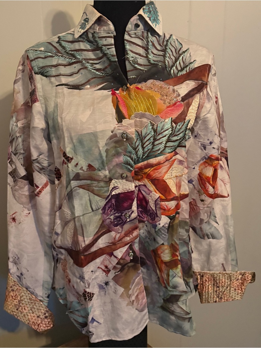 Robert Graham Women S/P Limited Edition Priscilla Long Sleeve Shirt White Beaded